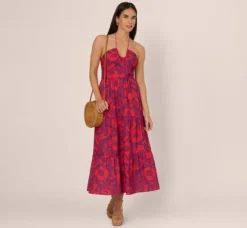 Adrianna Papell Wedding Guest Dresses|Day Dresses*Abstract Flower Print Maxi Dress With Halter Neckline In Purple Red