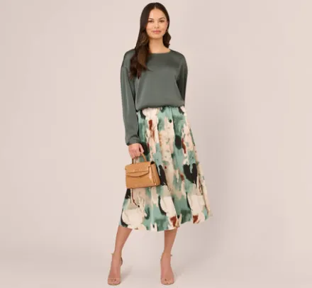 Adrianna Papell Pants & Skirts|Co-Ord Sets*Abstract Print A Line Satin Midi Skirt In Dusty Seafoam Watercolor