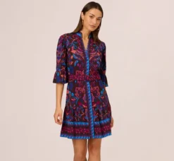 Adrianna Papell Wedding Guest Dresses|Day Dresses*Abstract Print Button Down Dress With Three Quarter Bell Sleeves In Brown Multi