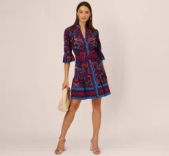 Adrianna Papell Wedding Guest Dresses|Day Dresses*Abstract Print Button Down Dress With Three Quarter Bell Sleeves In Brown Multi