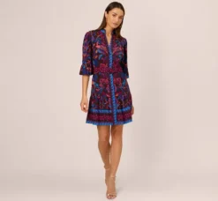 Adrianna Papell Wedding Guest Dresses|Day Dresses*Abstract Print Button Down Dress With Three Quarter Bell Sleeves In Brown Multi