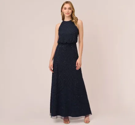 Adrianna Papell Wedding Guest Dresses|Formal Dresses*Art Deco Beaded Blouson Dress With Halter Neckline In Navy Black