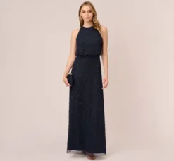 Adrianna Papell Wedding Guest Dresses|Formal Dresses*Art Deco Beaded Blouson Dress With Halter Neckline In Navy Black