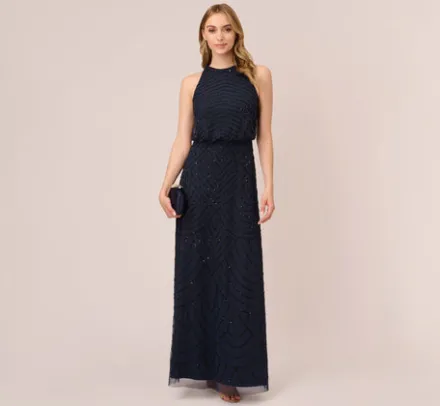 Adrianna Papell Wedding Guest Dresses|Formal Dresses*Art Deco Beaded Blouson Dress With Halter Neckline In Navy Black