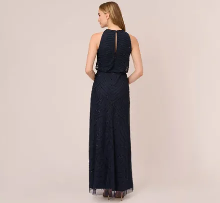 Adrianna Papell Wedding Guest Dresses|Formal Dresses*Art Deco Beaded Blouson Dress With Halter Neckline In Navy Black