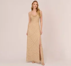Adrianna Papell Wedding Guest Dresses|Formal Dresses*Art Deco Beaded Mermaid Gown With Cowl Neckline In Champagne Gold