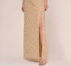 Adrianna Papell Wedding Guest Dresses|Formal Dresses*Art Deco Beaded Mermaid Gown With Cowl Neckline In Champagne Gold