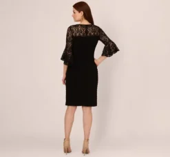 Adrianna Papell Wedding Guest Dresses|Day Dresses*Banded Jersey Dress With Sheer Lace Bell Sleeves In