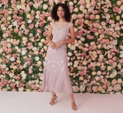 Adrianna Papell Wedding Guest Dresses|Grandmother Of The Bride & Groom*Beaded Ankle-Length Dress With Sheer Neckline In Dusted Petal Ivory