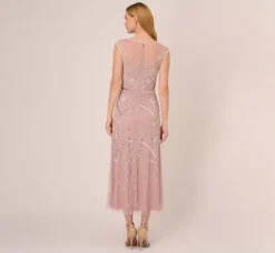 Adrianna Papell Wedding Guest Dresses|Grandmother Of The Bride & Groom*Beaded Ankle-Length Dress With Sheer Neckline In Dusted Petal Ivory
