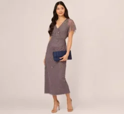 Adrianna Papell Wedding Guest Dresses|Formal Dresses*Beaded Ankle Length Dress With Sheer Flutter Sleeves In