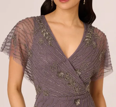 Adrianna Papell Wedding Guest Dresses|Formal Dresses*Beaded Ankle Length Dress With Sheer Flutter Sleeves In