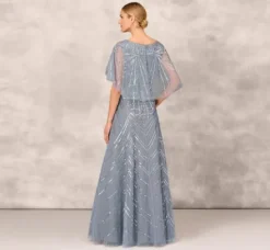 Adrianna Papell Wedding Guest Dresses|Formal Dresses*Beaded Ball Gown With Cape Sleeves In Vintage Blue