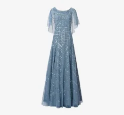 Adrianna Papell Wedding Guest Dresses|Formal Dresses*Beaded Ball Gown With Cape Sleeves In Vintage Blue