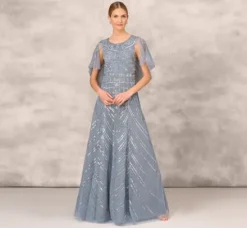 Adrianna Papell Wedding Guest Dresses|Formal Dresses*Beaded Ball Gown With Cape Sleeves In Vintage Blue