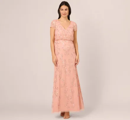 Adrianna Papell Wedding Guest Dresses|Formal Dresses*Beaded Blouson Mermaid Gown With Sheer Short Sleeves In Coral Coast