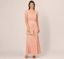 Adrianna Papell Wedding Guest Dresses|Formal Dresses*Beaded Blouson Mermaid Gown With Sheer Short Sleeves In Coral Coast