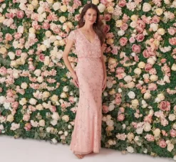 Adrianna Papell Wedding Guest Dresses|Formal Dresses*Beaded Blouson Mermaid Gown With Sheer Short Sleeves In Coral Coast