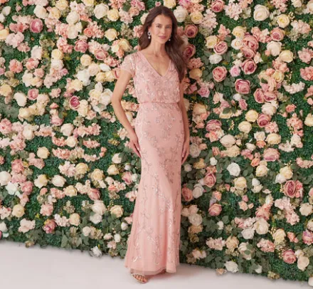 Adrianna Papell Wedding Guest Dresses|Formal Dresses*Beaded Blouson Mermaid Gown With Sheer Short Sleeves In Coral Coast