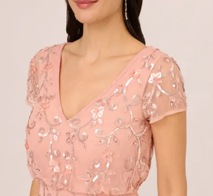 Adrianna Papell Wedding Guest Dresses|Formal Dresses*Beaded Blouson Mermaid Gown With Sheer Short Sleeves In Coral Coast