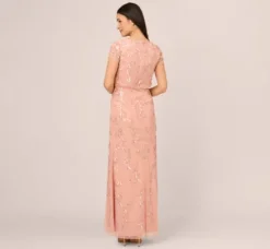 Adrianna Papell Wedding Guest Dresses|Formal Dresses*Beaded Blouson Mermaid Gown With Sheer Short Sleeves In Coral Coast
