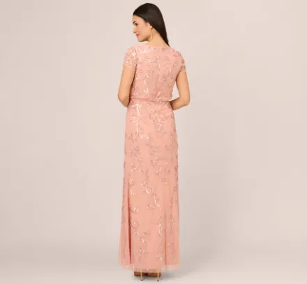 Adrianna Papell Wedding Guest Dresses|Formal Dresses*Beaded Blouson Mermaid Gown With Sheer Short Sleeves In Coral Coast