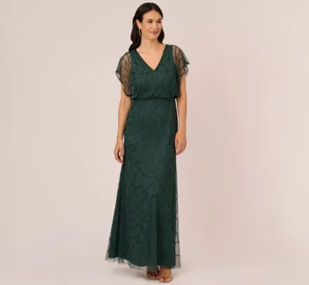 Adrianna Papell Wedding Guest Dresses|Formal Dresses*Beaded Blouson Mermaid Gown With Sheer Dolman Sleeves In Dusty Emerald