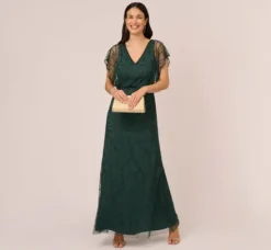 Adrianna Papell Wedding Guest Dresses|Formal Dresses*Beaded Blouson Mermaid Gown With Sheer Dolman Sleeves In Dusty Emerald