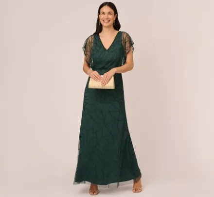 Adrianna Papell Wedding Guest Dresses|Formal Dresses*Beaded Blouson Mermaid Gown With Sheer Dolman Sleeves In Dusty Emerald