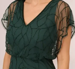 Adrianna Papell Wedding Guest Dresses|Formal Dresses*Beaded Blouson Mermaid Gown With Sheer Dolman Sleeves In Dusty Emerald