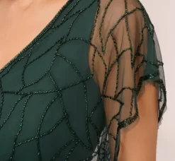 Adrianna Papell Wedding Guest Dresses|Formal Dresses*Beaded Blouson Mermaid Gown With Sheer Dolman Sleeves In Dusty Emerald