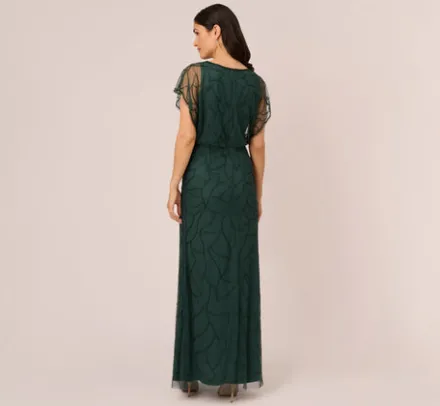 Adrianna Papell Wedding Guest Dresses|Formal Dresses*Beaded Blouson Mermaid Gown With Sheer Dolman Sleeves In Dusty Emerald