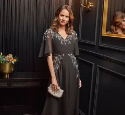 Adrianna Papell Wedding Guest Dresses|Grandmother Of The Bride & Groom*Beaded Chiffon Ankle Length Gown With Dolman Sleeves In