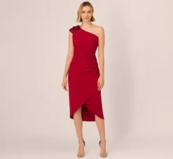 Adrianna Papell Wedding Guest Dresses|Petite-Friendly*Beaded Crepe One Shoulder Wrap Dress In