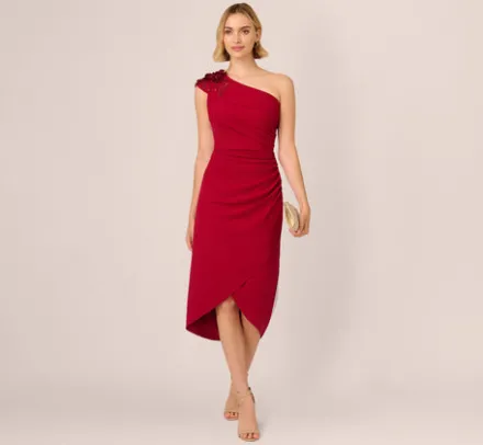 Adrianna Papell Wedding Guest Dresses|Petite-Friendly*Beaded Crepe One Shoulder Wrap Dress In