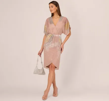 Adrianna Papell Wedding Guest Dresses*Beaded Faux Wrap Dress With Dolman Sleeves In Rose Gold