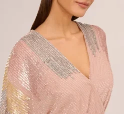 Adrianna Papell Wedding Guest Dresses*Beaded Faux Wrap Dress With Dolman Sleeves In Rose Gold