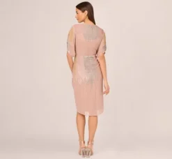 Adrianna Papell Wedding Guest Dresses*Beaded Faux Wrap Dress With Dolman Sleeves In Rose Gold