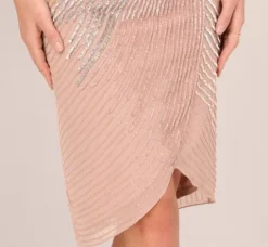 Adrianna Papell Wedding Guest Dresses*Beaded Faux Wrap Dress With Dolman Sleeves In Rose Gold