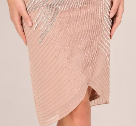 Adrianna Papell Wedding Guest Dresses*Beaded Faux Wrap Dress With Dolman Sleeves In Rose Gold