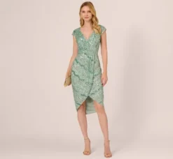 Adrianna Papell Wedding Guest Dresses|Petite-Friendly*Beaded Faux Wrap Dress With Sheer Cap Sleeves In Icy Sage
