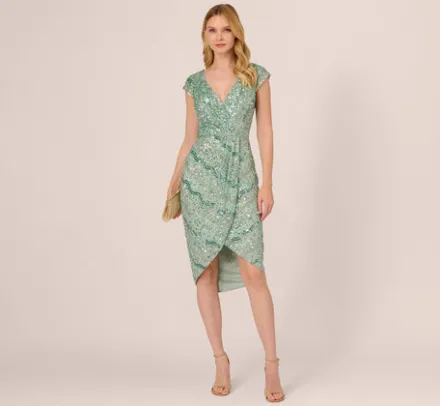 Adrianna Papell Wedding Guest Dresses|Petite-Friendly*Beaded Faux Wrap Dress With Sheer Cap Sleeves In Icy Sage