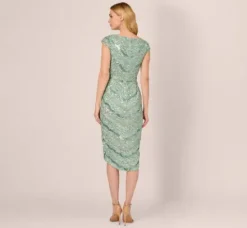Adrianna Papell Wedding Guest Dresses|Petite-Friendly*Beaded Faux Wrap Dress With Sheer Cap Sleeves In Icy Sage