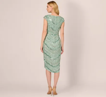 Adrianna Papell Wedding Guest Dresses|Petite-Friendly*Beaded Faux Wrap Dress With Sheer Cap Sleeves In Icy Sage