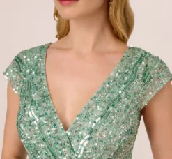 Adrianna Papell Wedding Guest Dresses|Petite-Friendly*Beaded Faux Wrap Dress With Sheer Cap Sleeves In Icy Sage