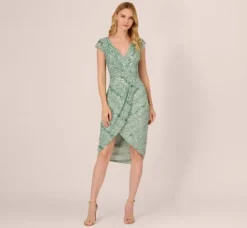Adrianna Papell Wedding Guest Dresses|Petite-Friendly*Beaded Faux Wrap Dress With Sheer Cap Sleeves In Icy Sage