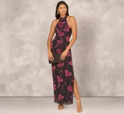 Adrianna Papell Wedding Guest Dresses|Formal Dresses*Beaded Floral Halter Column Gown With Mock Neck In Black Multi