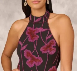 Adrianna Papell Wedding Guest Dresses|Formal Dresses*Beaded Floral Halter Column Gown With Mock Neck In Black Multi