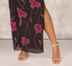 Adrianna Papell Wedding Guest Dresses|Formal Dresses*Beaded Floral Halter Column Gown With Mock Neck In Black Multi
