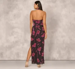 Adrianna Papell Wedding Guest Dresses|Formal Dresses*Beaded Floral Halter Column Gown With Mock Neck In Black Multi